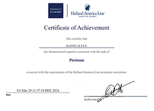 Kathy Allen's Platinum Certificate of Achievement from Holland America Line Academy