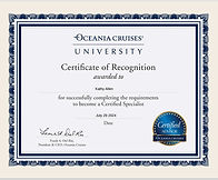 Oceania Cruises University Certificate of Recognition awarded to Kathy Olsen for successfully completing requirements to become a Certified Specialist