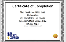 Kathy Allen's Certificate of Completion for "America's Most Unique City" course, 07-Apr-2024