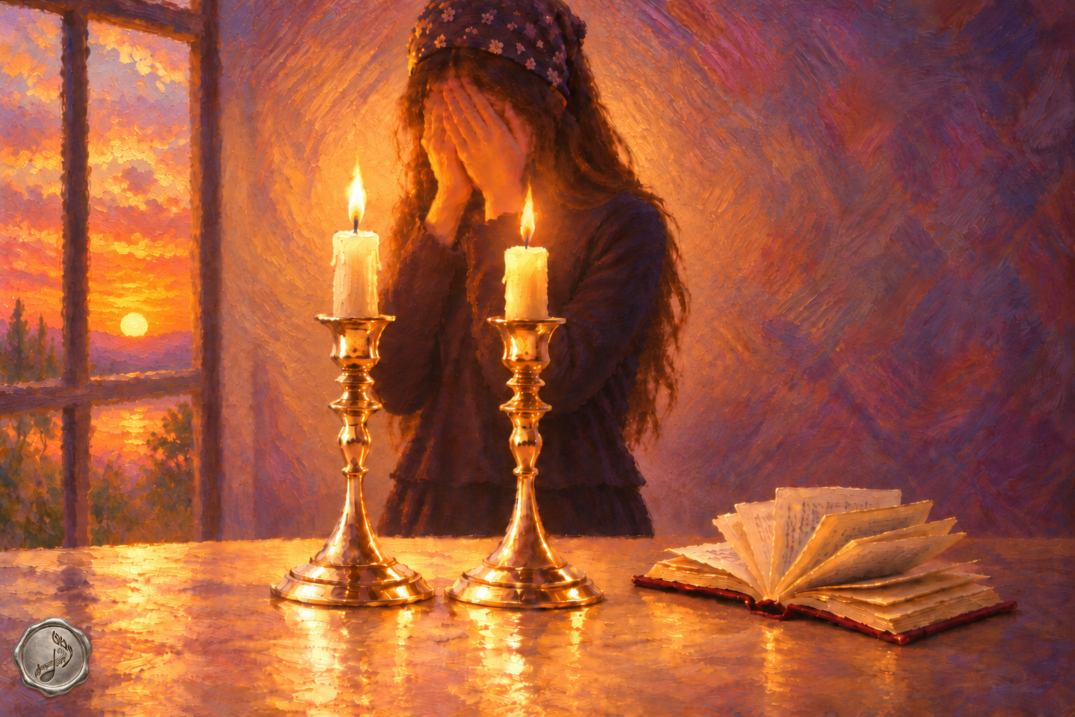 Candlelit Reflections at Sunset, woman praying beside two glowing Shabbos candles at sunset