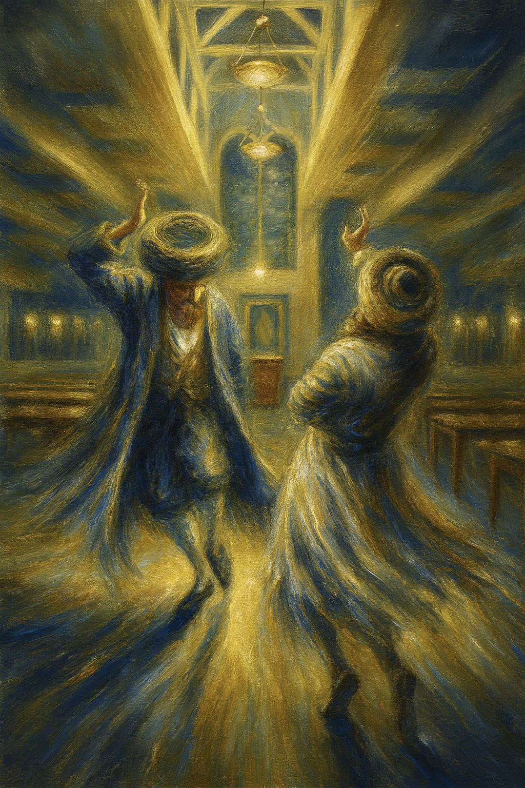 Dance of the Soul, two figures dancing joyfully in blue and gold tones