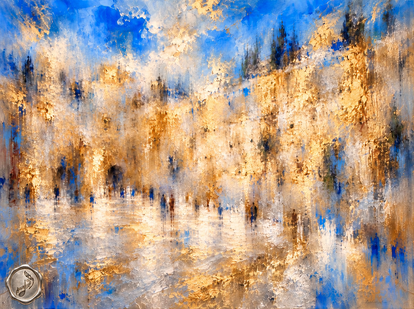Golden Reflections in the Impressionist Plaza, blue and golden Jerusalem-inspired streetscape