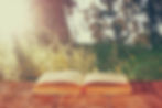 open book over wooden rustic table in front of wild landscape and sunset light burst.jpg