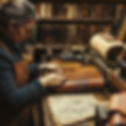 Une femme travaillant sur une couverture en cuir entourée d'une bibliothèque - image générée par une IA