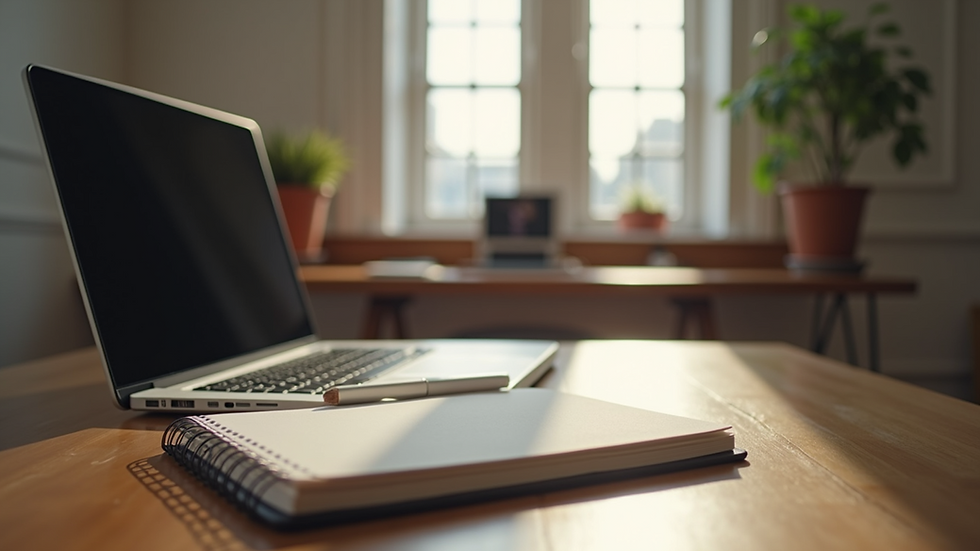Eye-level view of a church office desk with a laptop and notebook