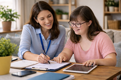 Support coordinator assisting young woman.png