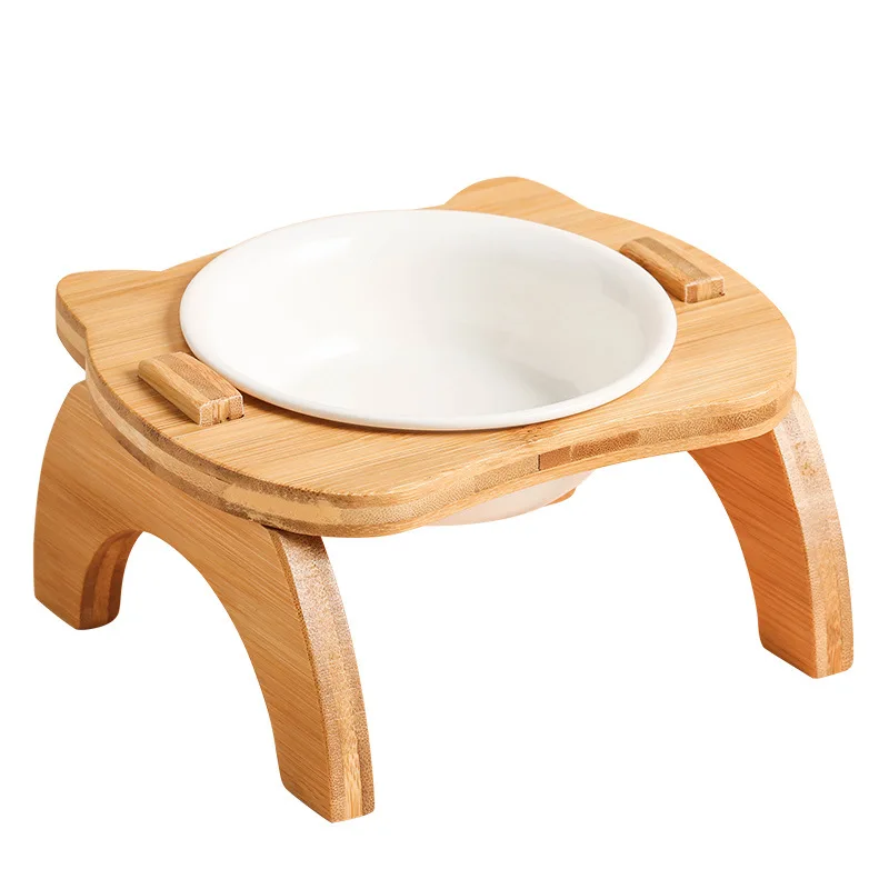 Raised Cat Bowls,Elevated Bamboo Food Bowls for Cat and Small Dog,Anti-Leak Pet
