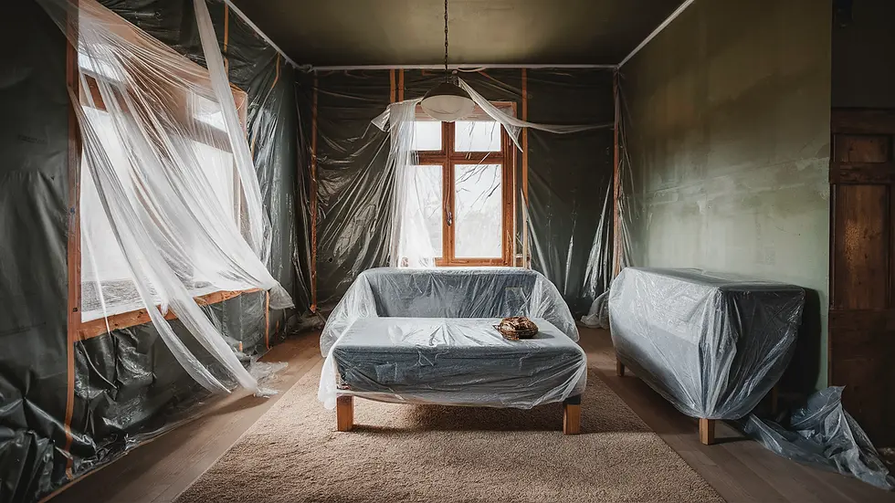 Living room furniture covered with plastic sheets in a room undergoing renovation.