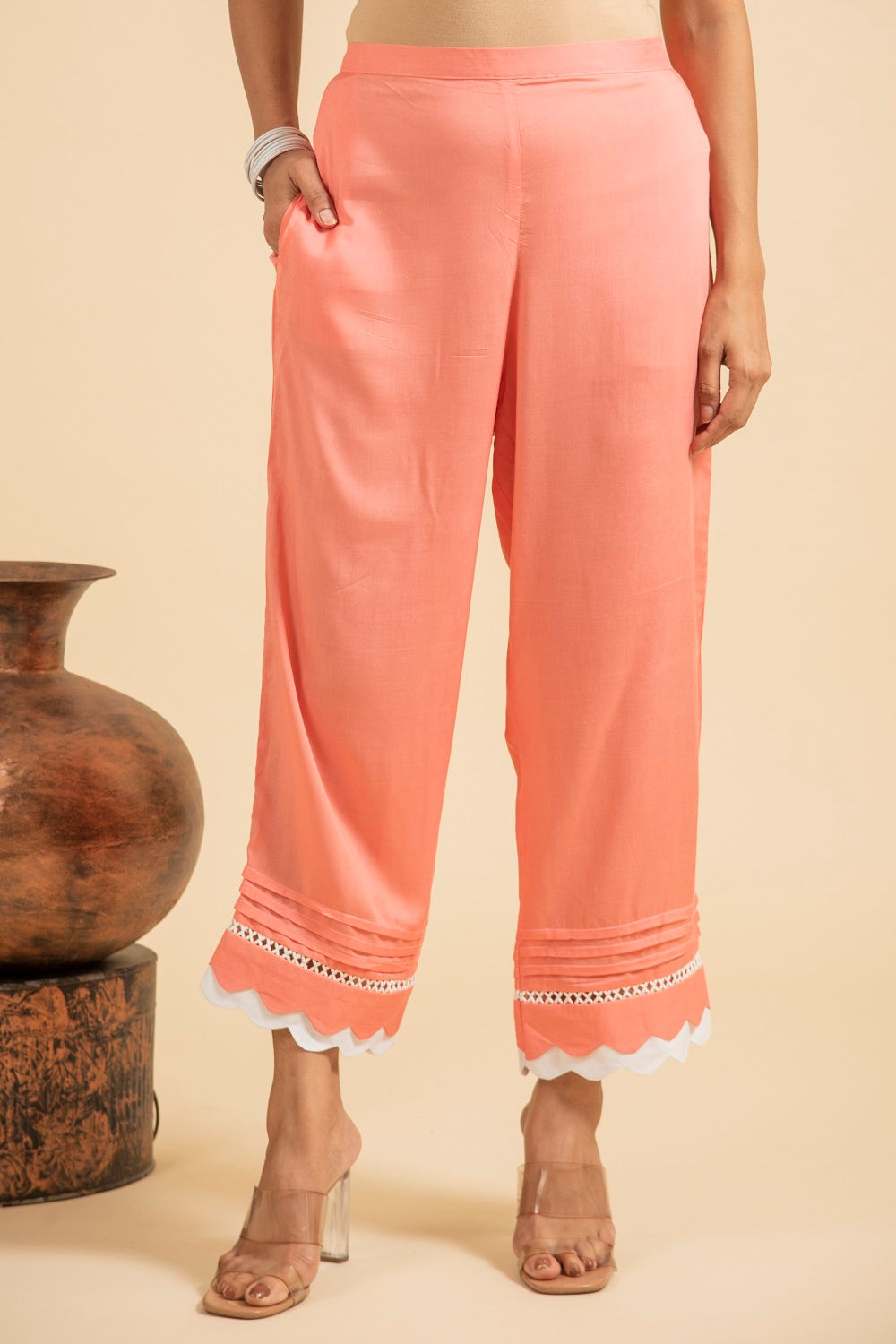 Peach scalloped cotton modal pants