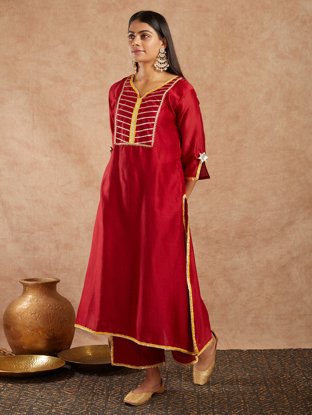 Red Chanderi silk Kurta with pants