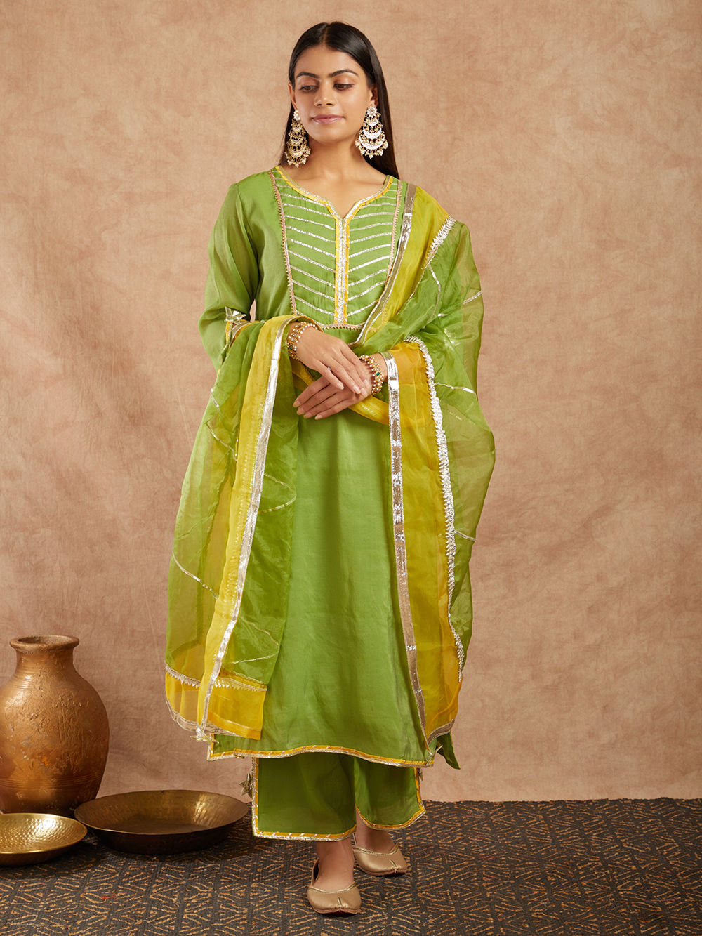 Olive Green and Yellow Gota Embroidered Organza Dupatt