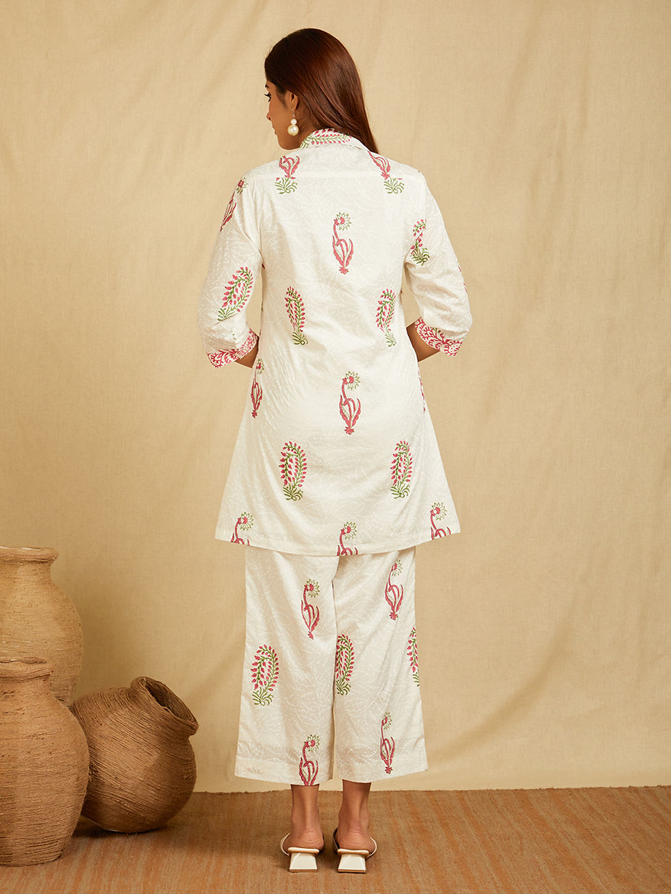 Thumbnail: Pink and White hand block printed cotton co-ord set