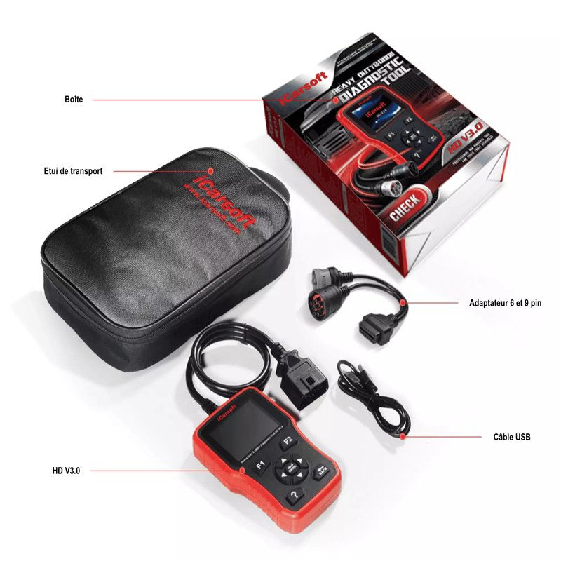 Pack complet iCarsoft HD V3.0 avec câbles, adaptateurs et étui de transport