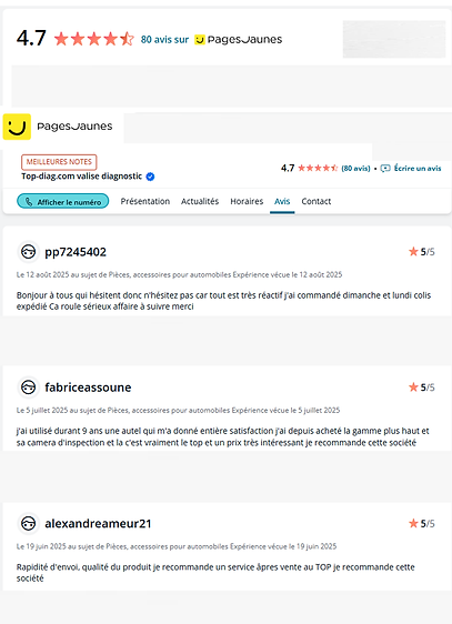 Avis Pages Jaunes Top-Diag – témoignages clients sur nos valises de diagnostic auto.