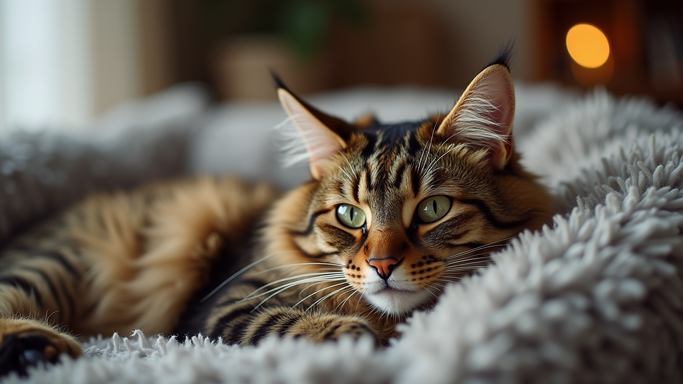 Close-up view of a Maine Coon cat lounging on a cozy sofa