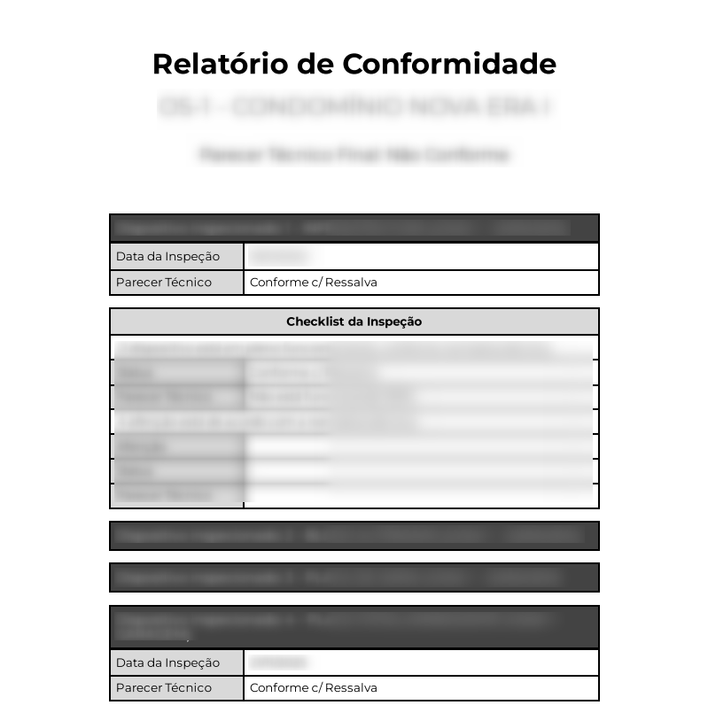 Modelo de prévia do relatório de conformidade, como anexo do Parecer Técnico Pericial.