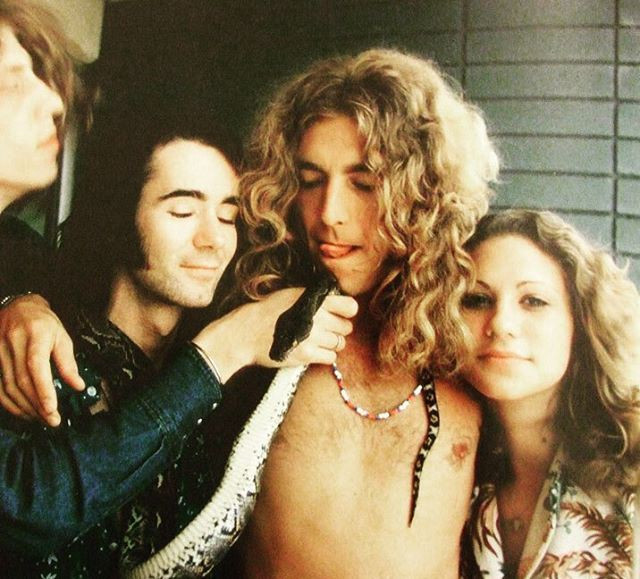 Robert Plant, BP Fallon and Vanessa Gilbert on the balcony of the Continental Hyatt House, 1973