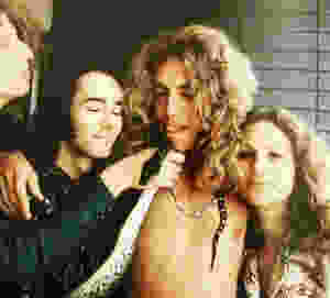 Robert Plant, BP Fallon and Vanessa Gilbert on the balcony of the Continental Hyatt House, 1973