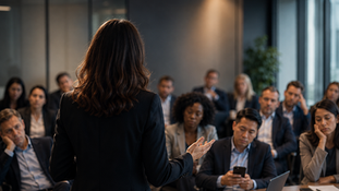 A professional woman addresses a disengaged boardroom audience, illustrating why voice coaching matters for business communication
