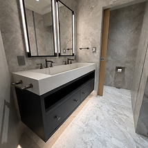 Bathroom vanity and shower wiped down during a move-out clean