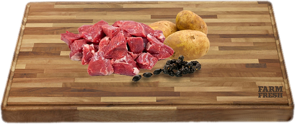 90% hovězí maso a produkty živočišného původu (20% maso ze zvaloviny, 70% z různých částí - plíce, játra, maso ze svaloviny), zelenina a zeleninové produkty, minerálny, oleje a tuky