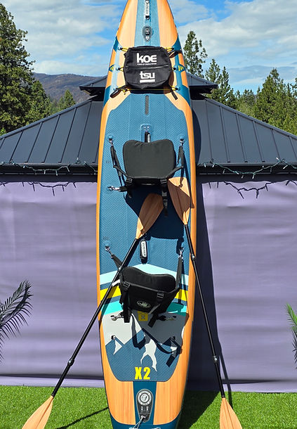 Blue and tan Chill Boarding X2 paddleboard with seat and paddles