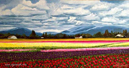 Tulip painting, Alyce Wolfe art, Alice Wolfe art, tulip field painting, oil painting, Skagit Valley, Tulip Town painting, Alyce Wolfe