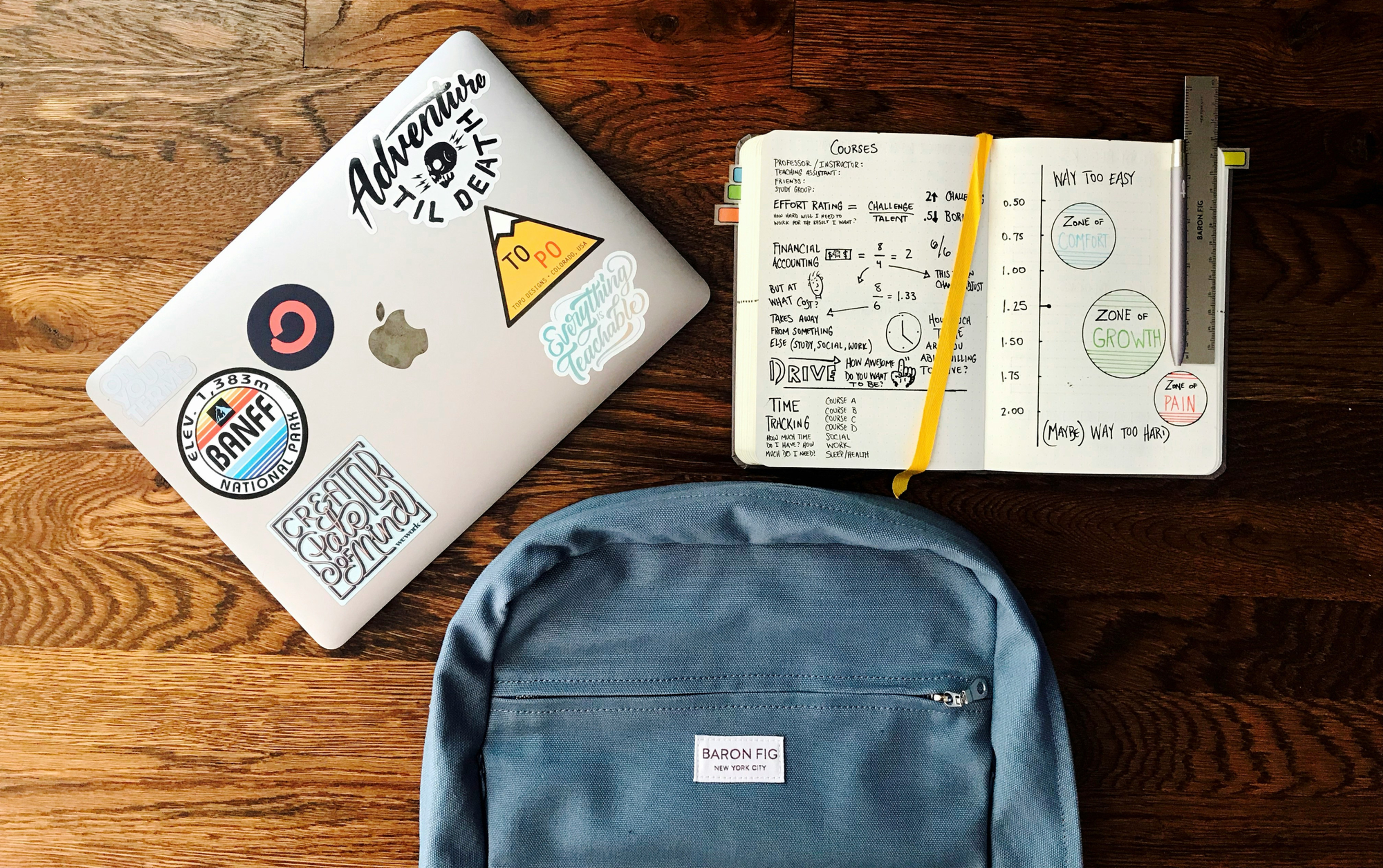 Blue backpack, sticker laptop, and open planner laid out on a wood desk, back to school home organization tips for Phoenix families