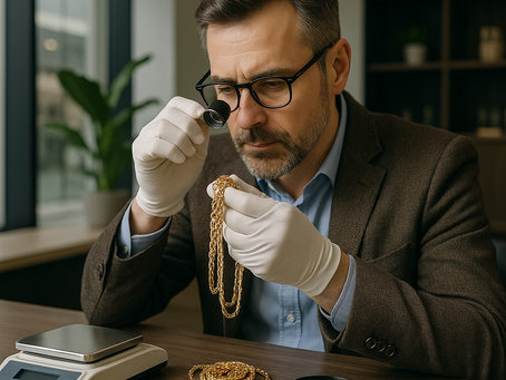 A professional gold buyer examining gold jewelry