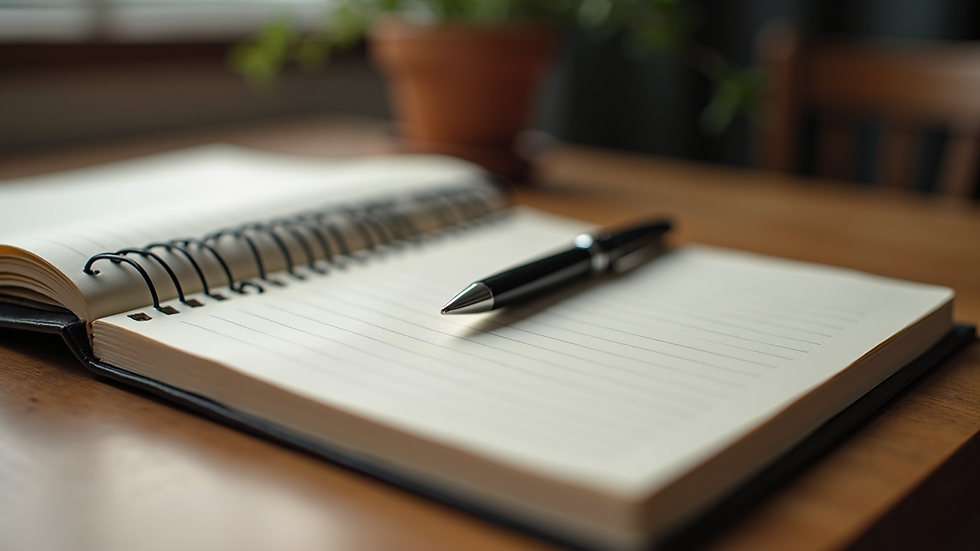 Close-up view of a journal and pen on a wooden desk