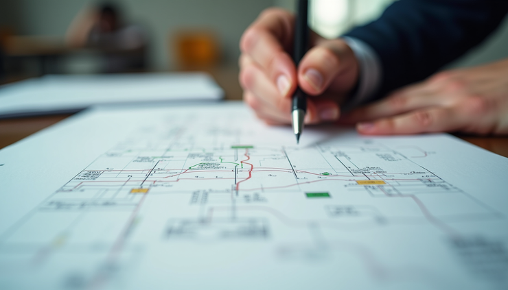 Eye-level view of a person sketching a detailed roadmap on paper