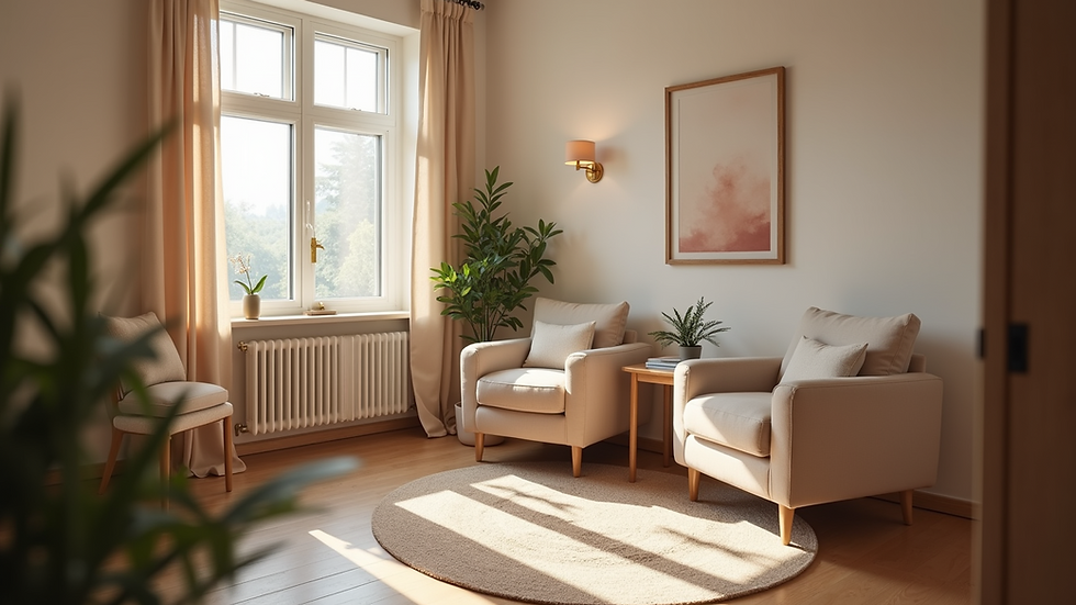 Eye-level view of a cozy therapy room with comfortable seating