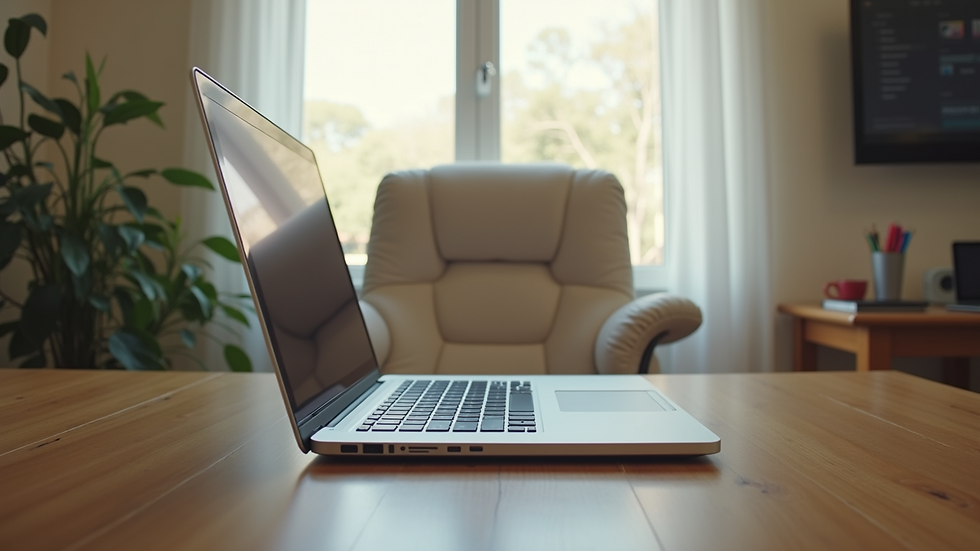 Eye-level view of a cozy home office setup with a laptop and a comfortable chair