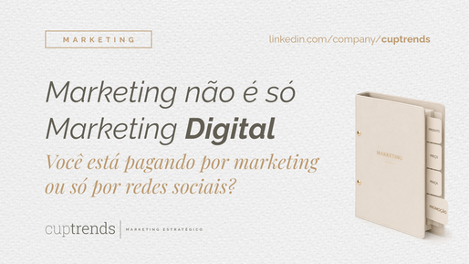 Mockup conceitual de um fichário de couro creme texturizado, posicionado sobre papel artesanal, com abas indexadas que dizem "PRODUTO", "PREÇO", "PRAÇA", "PROMOÇÃO", ilustrando o framework dos 4Ps de marketing. Uma aba maior diz "PROMOÇÃO" com a inscrição "MARKETING".