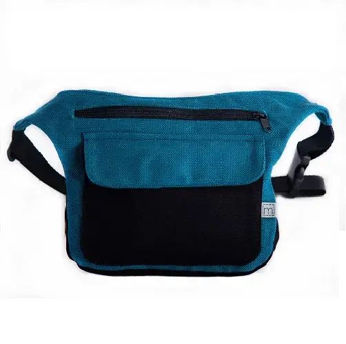 Riñonera bandolera azul con bolsillo negro