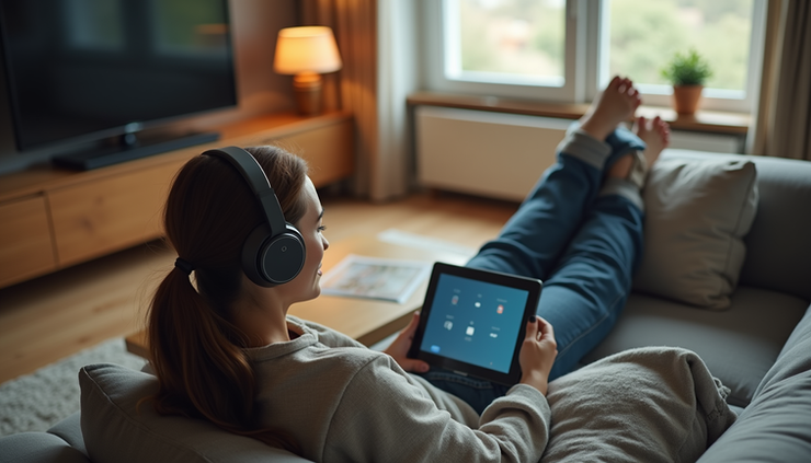 High angle view of a person relaxing with a tablet and headphones in a comfortable living room