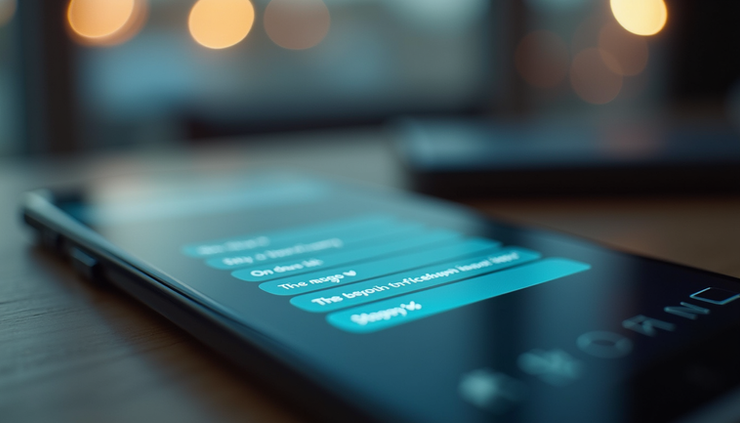 High angle view of a smartphone displaying a multilingual chat conversation