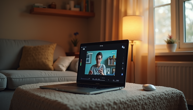 Eye-level view of a cozy room with a laptop displaying a live streaming platform