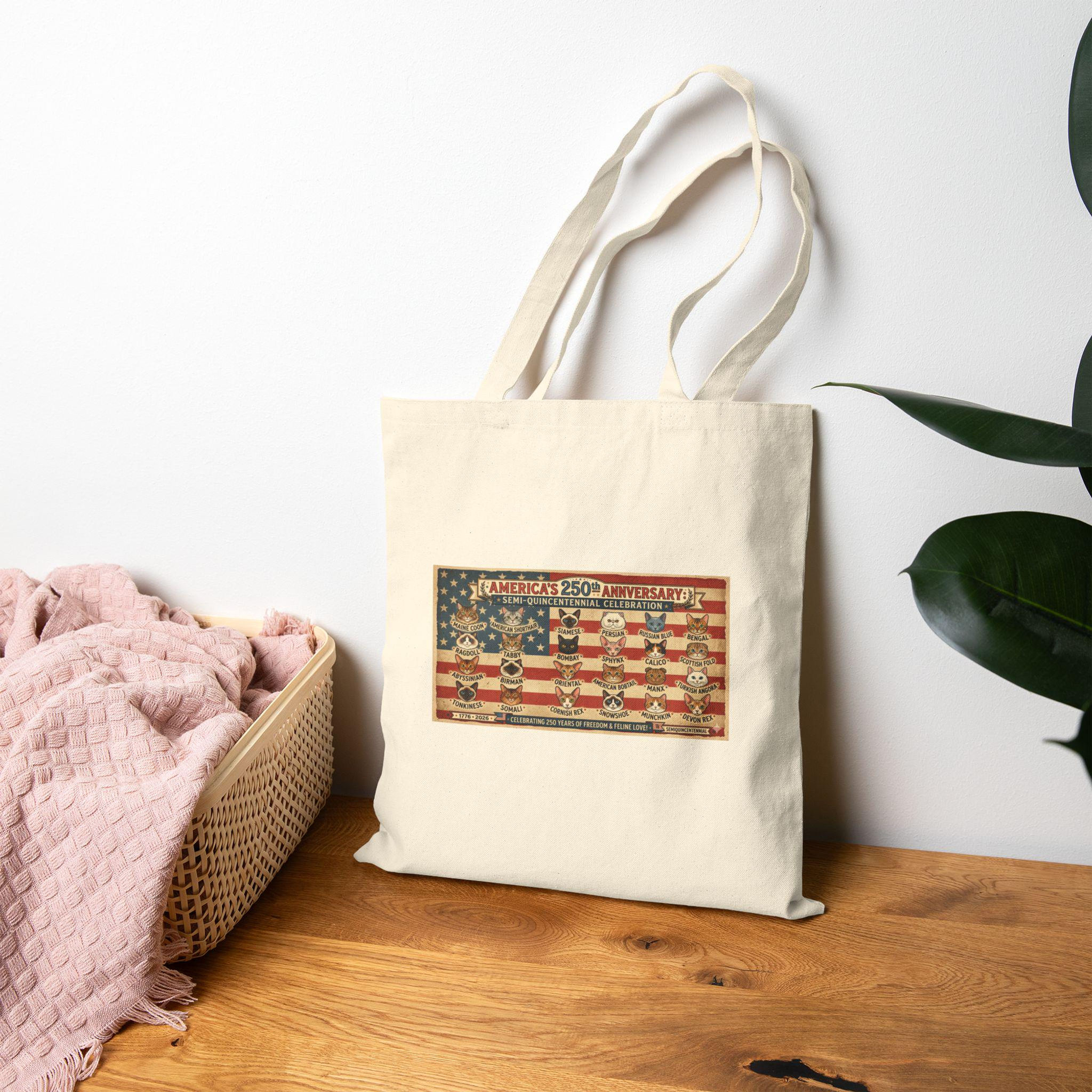 Cat Breeds Tote Bag | Vintage American Flag Canvas Market Bag (1776-2026)