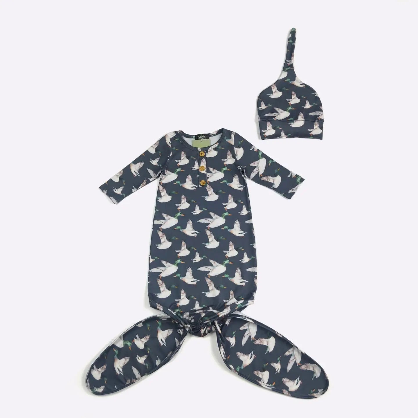 Navy Mallard Baby Knotted Gown/Hat