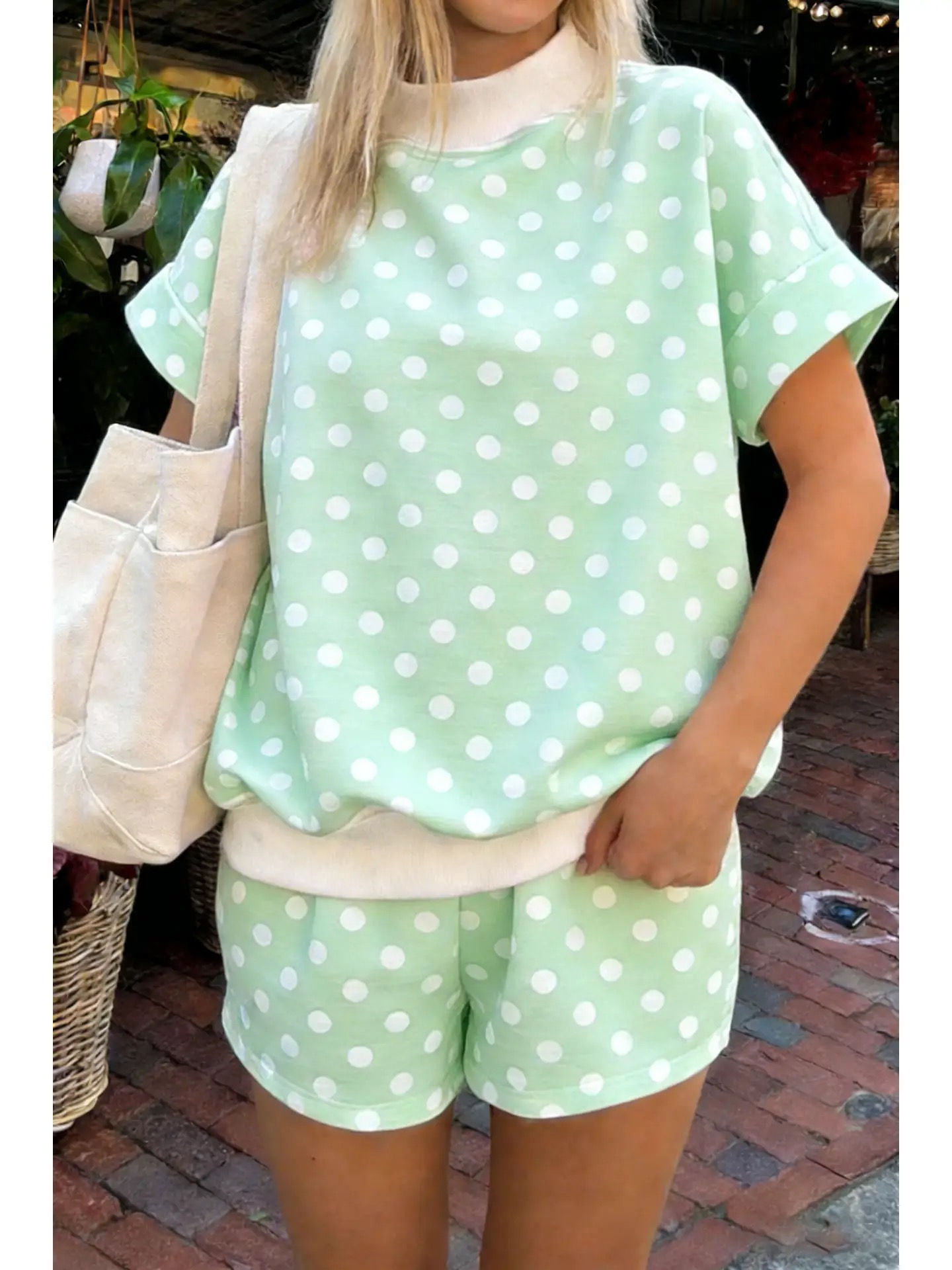 Mock Neck Tee Casual 2pcs Short Sets