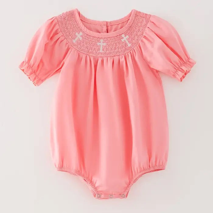 Coral Smocking Embroidered Crucifix Romper