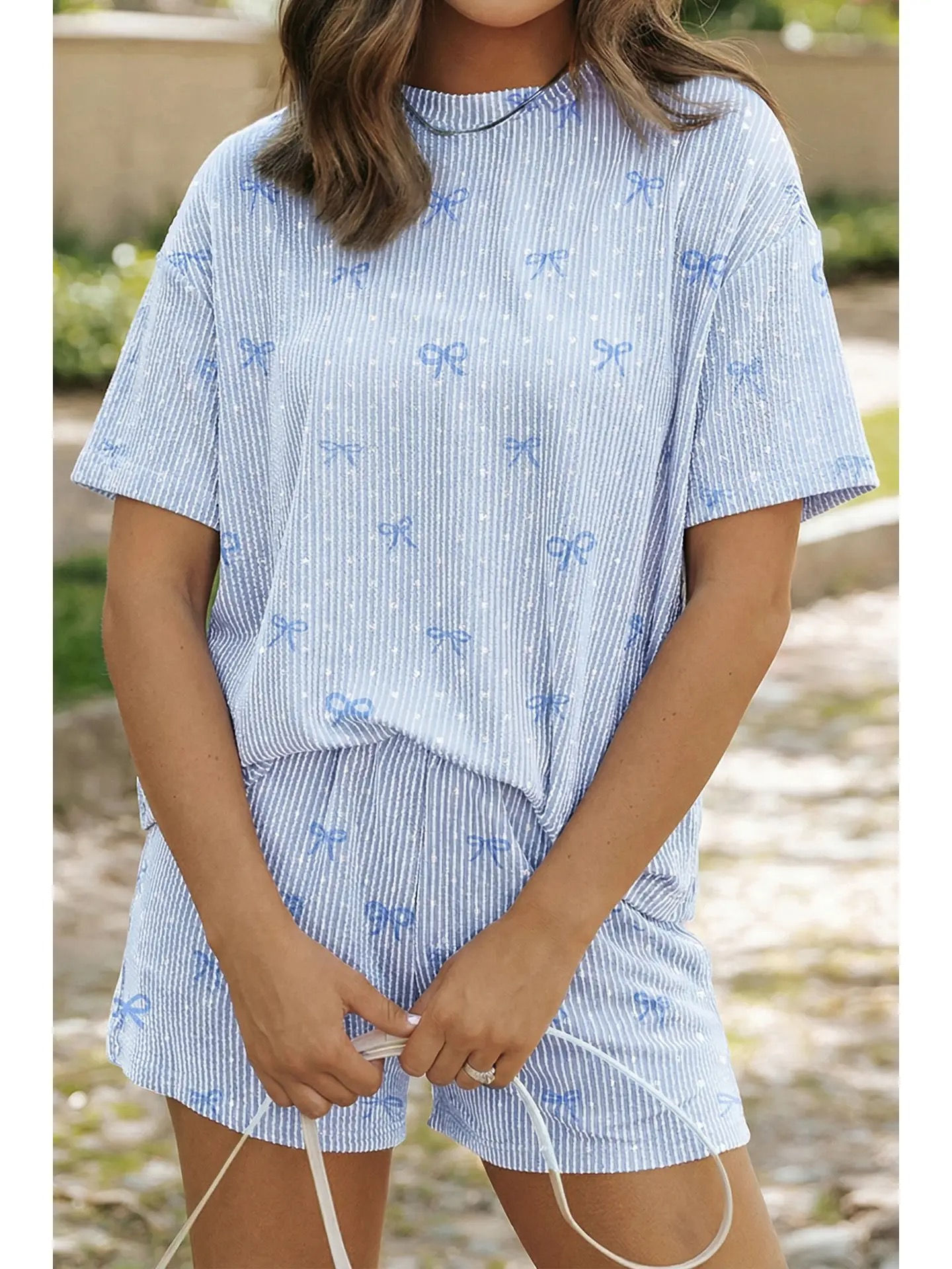 Tiny Bow Print Twisted Rib Loose 2pcs Short Set