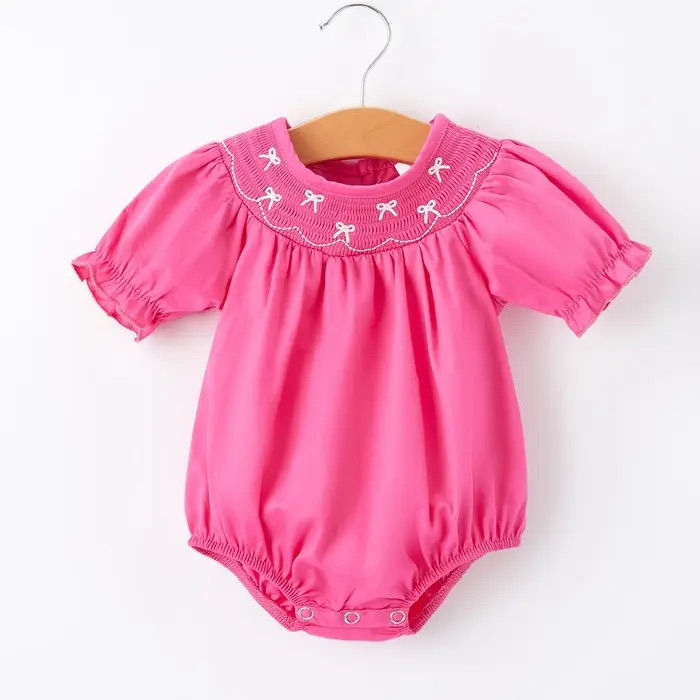 Hot Pink Smocking Embroidered Bow Romper