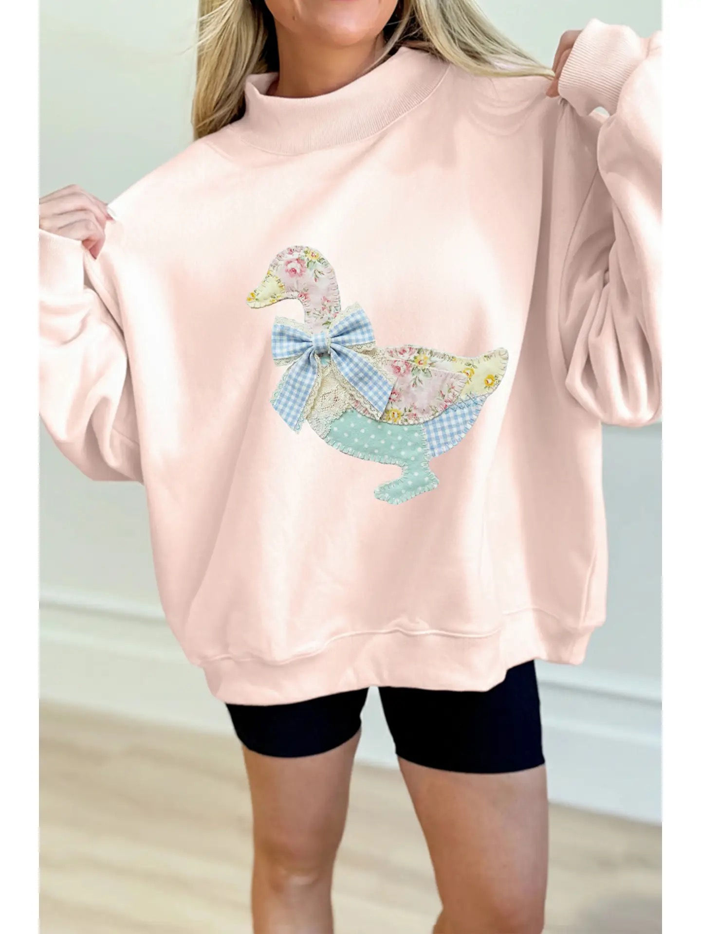 Bow Knot Duck Patchwork Mock Neck Sweatshirt