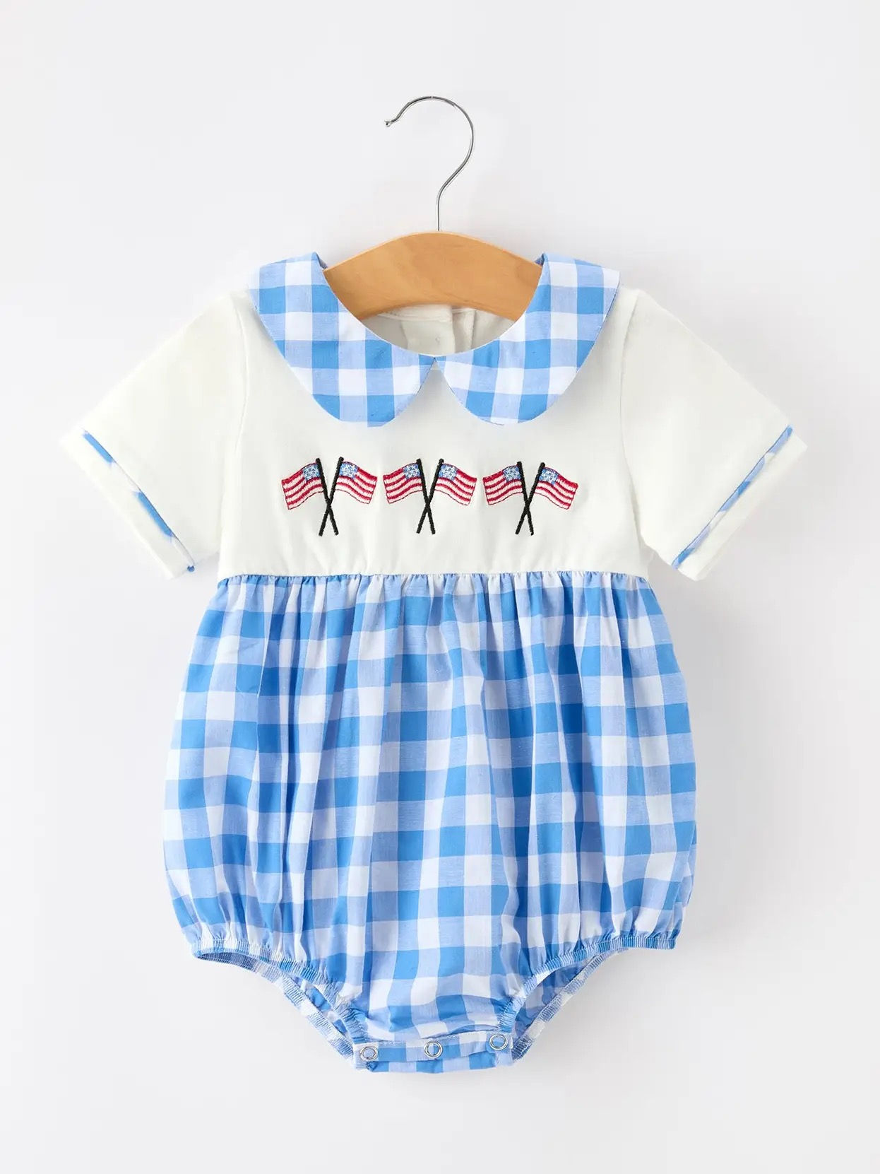 4th of July Plaid Romper Embroidery Petals Collar