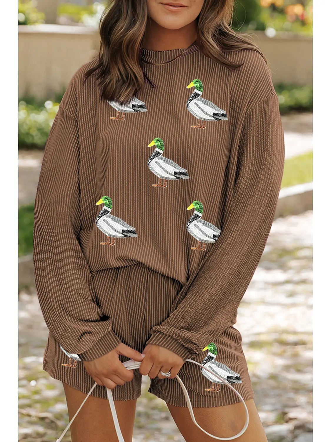 Ribbed Sequin Mallard Graphic Long Sleeve Top and Short Set