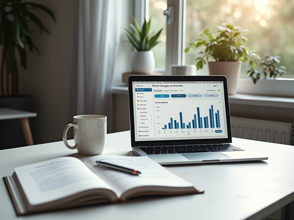A clean, modern office desk setup with a laptop displaying a productivity dashboard and a