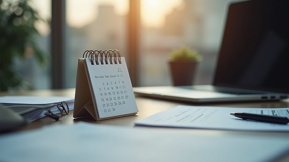 Eye-level view of a neatly organized executive desk with a calendar and laptop
