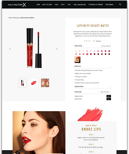 Lipfinity Velvet Matte liquid lipstick product page UX/UI